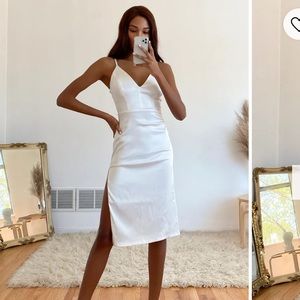 Lulus Stunning Sight White Embroidered Lace Satin Midi Dress